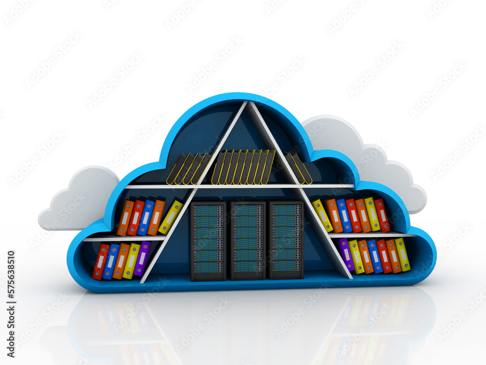 3d illustration Data center server with office folder storage

