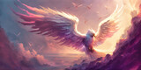 Powerful Epic Legendary Phoenix Spreading Glowing Wing in Universe. Spiritual Animal Awakening Concept.Magical Fantasy Epic Wallpaper. Generative AI.