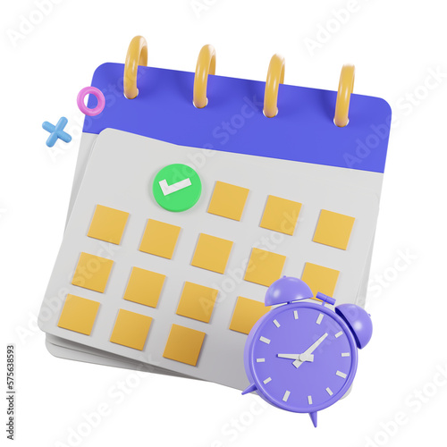 a calendar ,gold coins and alarm clock icon isolated on white background , 3d rendering illusstation