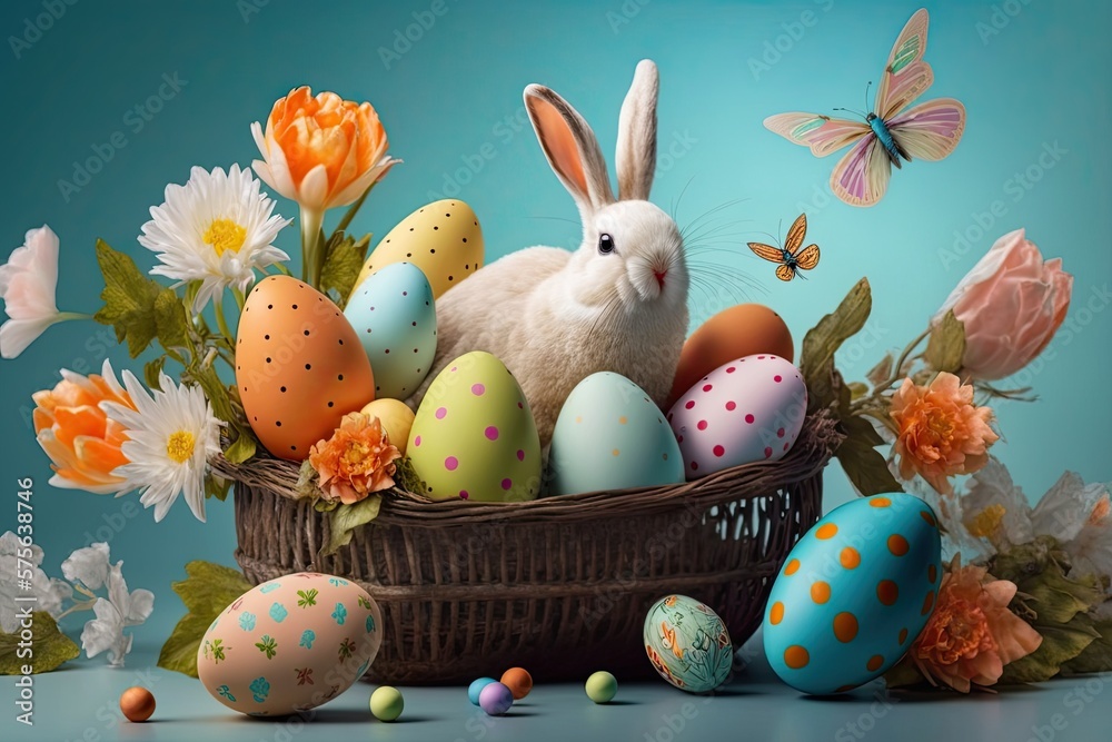Cute bunny with pastel Easter eggs, ideal for seasonal projects and whimsical designs. Generative AI Cute bunny with pastel Easter eggs, ideal for seasonal projects and whimsical designs. Generative AI