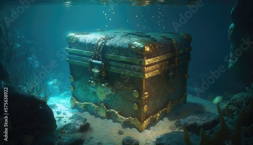 Radiant pirate's treasure shining bright underwater, generative AI © Gabriel