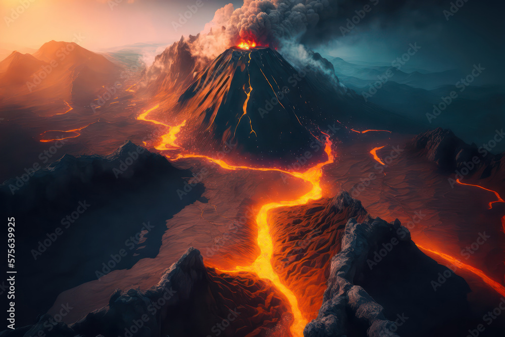Generative AI illustration of volcano erupting and lava rivers flowing through mountain range landscape