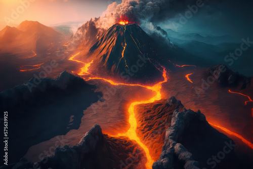 Generative AI illustration of volcano erupting and lava rivers flowing through mountain range landscape