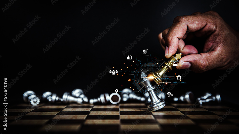 Hand choose king chess fight concept of challenge or team player or business team and leadership strategy or strategic planning and human resources organization risk management. - obrazy, fototapety, plakaty 