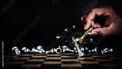 Fotografiet Hand choose king chess fight concept of challenge or team player or business team and leadership strategy or strategic planning and human resources organization risk management