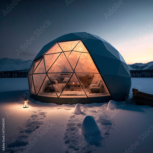 Сamping geodesic glamping dome with LEDs near a frozen lake photo