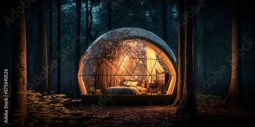 campsite geodesic glamping bubble dome with leds in the forest photo