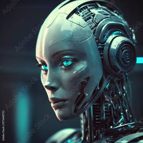 Robotic woman with azure blue eyes