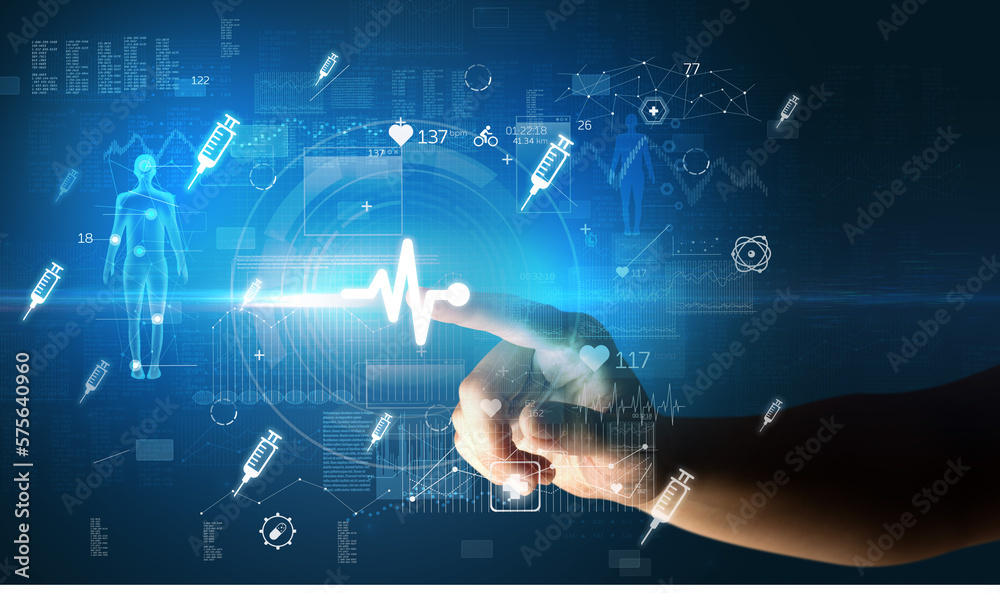 Fototapeta premium Doctor hand pressing futuristic health device with medical symbol on screen