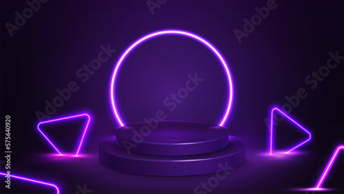 Empty purple podium with neon ring on background and neon purple triangles around. illustration with abstract scene with purple neon frame