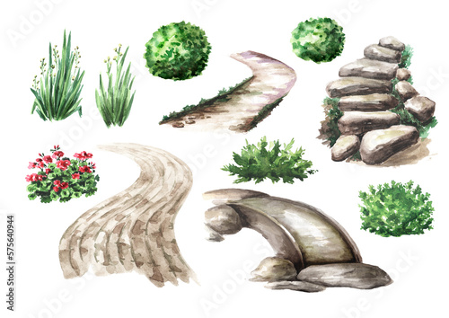 Garden stone steps, Walking path. Landscape design elements set. Hand drawn watercolor illustration isolated on white background