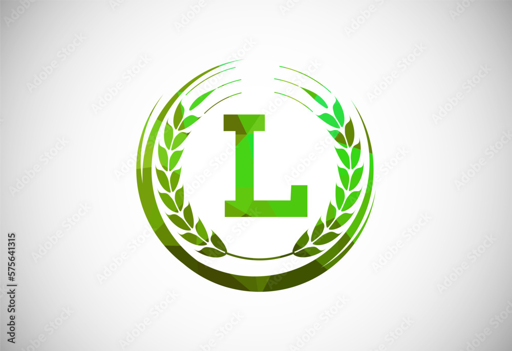 Alphabet L sign with a wheat wreath. Polygonal low poly organic wheat farming logo concept. Agriculture logo design vector template. Alphabet L sign with a wheat wreath. Polygonal low poly organic wheat farming logo concept. Agriculture logo design vector template.