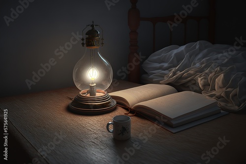 Glowing lamp and book on table in dark bedroom