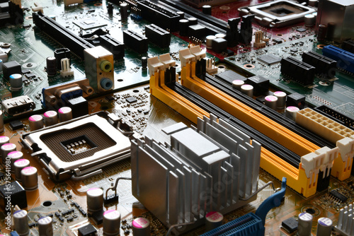 Detail of Modern computer motherboards. High tech technology background