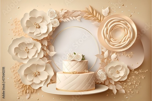 Wedding/marriage celebration invitation card design background template with a circular frame in skin color, flowers, and cake.