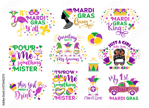 Mardi Gras carnival lettering quotes flat style. Collection mask with feathers, beads, jester hat, fleur de lis