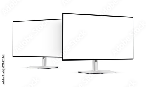 Silver Computer Monitors With Blank Screens, Side Perspective View, Isolated on White Background. Vector Illustration