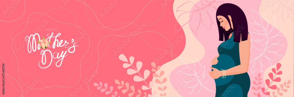 Mothers Day. Vector banner with a pregnant woman, floral decor and congratulatory text. Beautiful young woman hugging her belly Mothers Day. Vector banner with a pregnant woman, floral decor and congratulatory text. Beautiful young woman hugging her belly