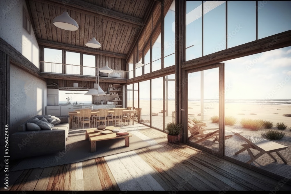 Naklejka premium living room in Modern wooden beach house. Generative AI.