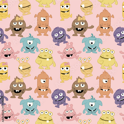 Seamless pattern of cute cartoon monsters. Baby pattern
