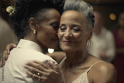 An older multi-racial lesbian couple dances at a wedding. Generative AI