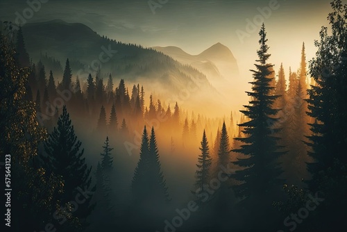 Concealed fir forest in a foggy mountain landscape. Generative AI