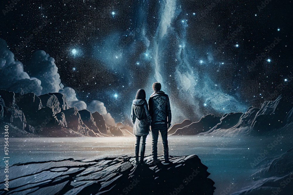Man and woman looking at night sky together. Romantic feelings and emotions of couple. Created with GenerativeAI Man and woman looking at night sky together. Romantic feelings and emotions of couple. Created with GenerativeAI