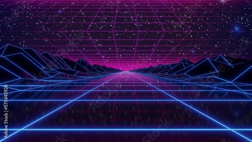 Synthwave animated Background. 80s wireframe Landscape. Retro Future Perspective Grid. Retrowave Style. Sci-fi Abstract Backdrop. 3d render. Seamless loop