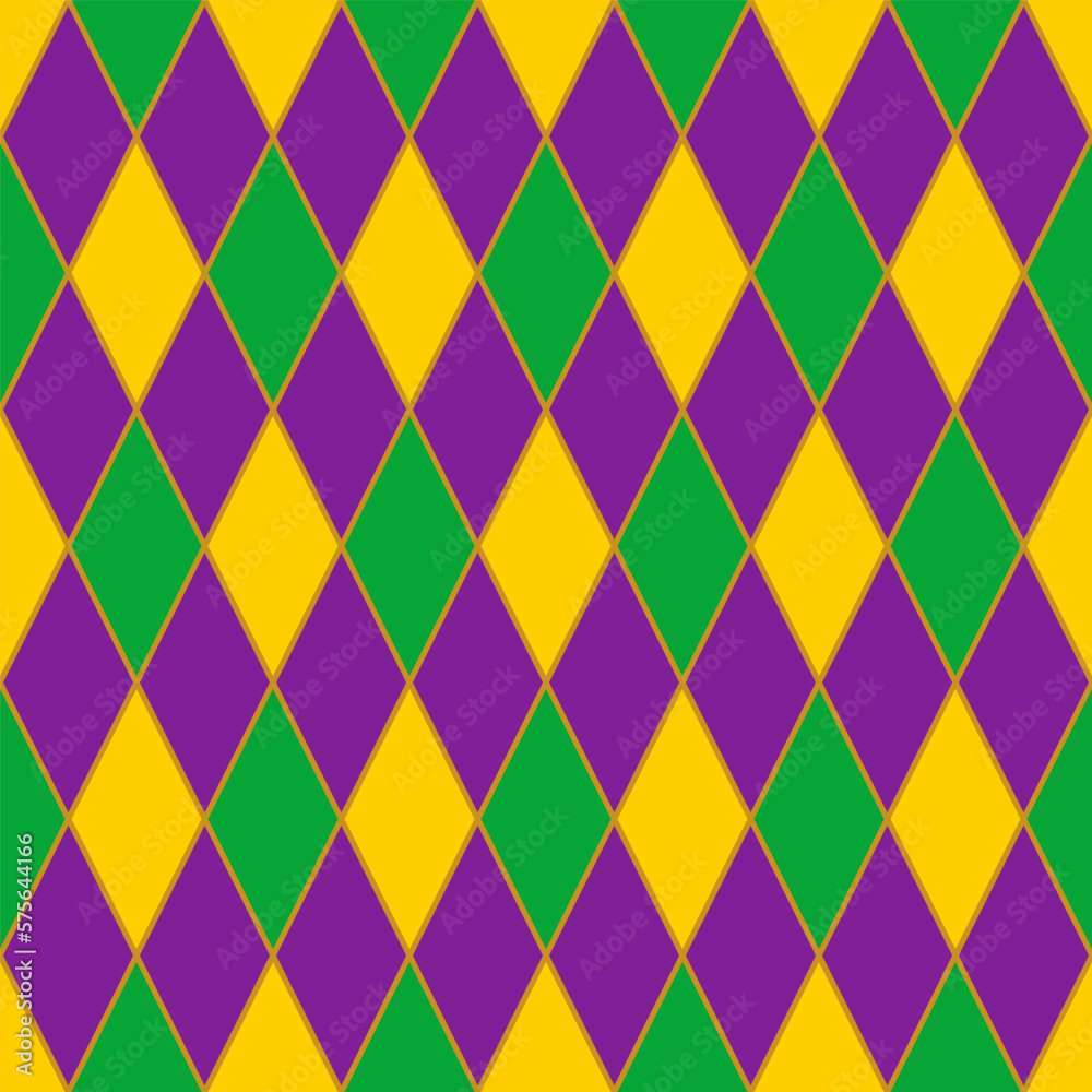 Mardi Gras seamless pattern with green, purple and yellow diamond. Abstract geometric background.