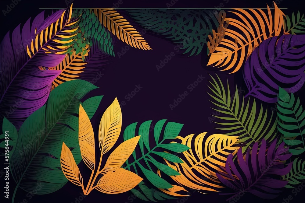 Fototapeta Cartoon style tropical leaves frame on black background with empty space. Purple orange green jungle florals in digital art style for summer party design.