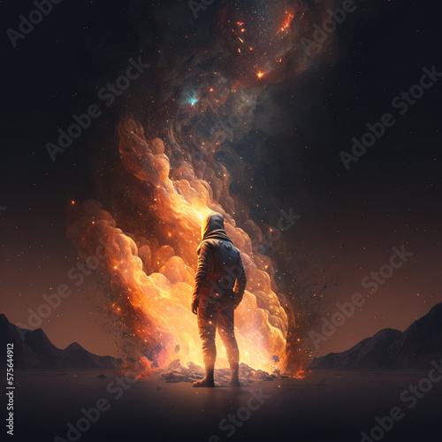 Astronaut standing near the fire, watching on the space. AI generated image