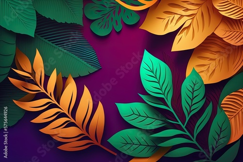 Cartoon style tropical leaves frame on black background with empty space. Purple orange green jungle florals in digital art style for summer party design.