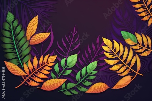 Cartoon style tropical leaves frame on black background with empty space. Purple orange green jungle florals in digital art style for summer party design.