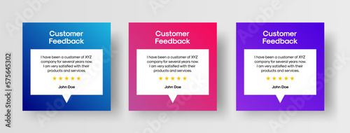 Customer Feedback Social Media Post Template. Set of Vector Design Templates for Customer Testimonial Review Showcase. Client Feedback Quote with Star Rating and Speech Bubble.