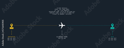 Flight Status Vector Graphic. Flight Track User Interface Template Design with Airplane Flight Route Between Airports with Location Pins, Flight Data, Time Elapsed etc