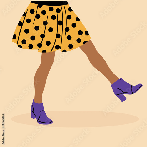 Women's legs in high heeled shoes and a funny, multi-colored, fashionable retro style skirt. Vector illustration in cartoon style