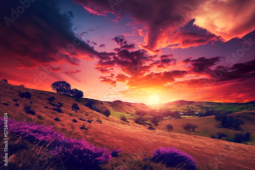A sunset over a rolling hillside, the sky ablaze with orange and pink hues, with purple flowers in the foreground, AI generated illustration