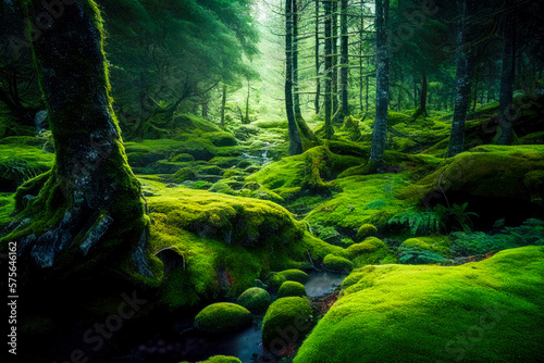 A serene forest  the trees tall and green  the ground covered in soft moss  AI generated illustration