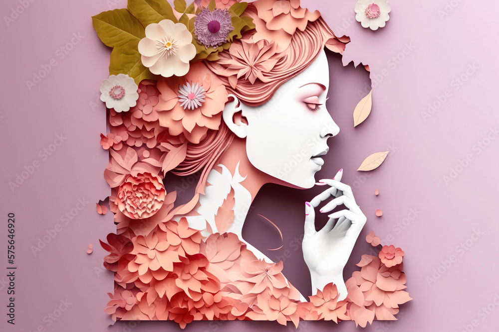 Paper art , Happy women's day 8 march with women of different frame of flower , women's day specials offer sale wording isolate , Generate Ai - obrazy, fototapety, plakaty 