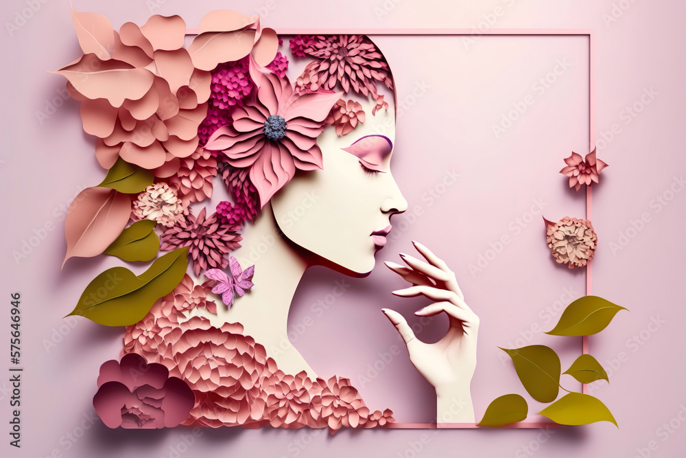 Paper art , Happy women's day 8 march with women of different frame of flower , women's day specials offer sale wording isolate , Create with Generate Ai
