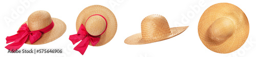 Pretty straw hats with ribbon and bow on white background. Beach hat top view isolated set photo