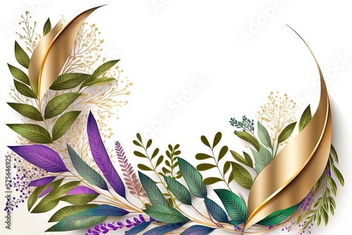Abstract meadow florals with golden leaves and purple flowers on white background with empty space in digital art style
