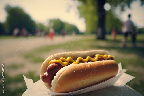 Hot dogs on wooden table in public park. Weekend picnic concept