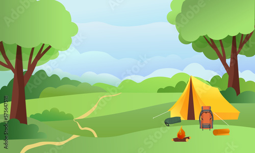 Camping. Forest glade and tent, fire, backpack. Landscape illustration. Vector drawing. For books and brochures, covers, web pages and social networks, flyers and advertisements.