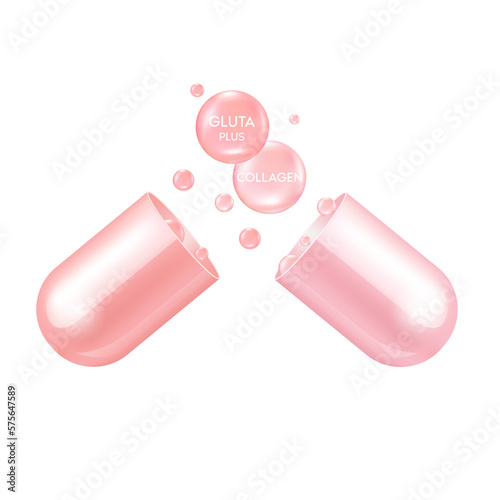 Collagen solution serum and glutathione with capsule pink. Natural cosmetics lotion for face or body. Hyaluronic acid skin care ad. Beauty and Medicine Concepts. Realistic 3D file PNG.