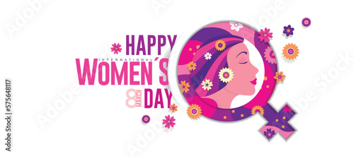 INTERNATIONAL WOMEN S DAY Greeting Card. Woman face in profile with pink hair inside purple  red and pink female symbol with flowers coming out of the circle on white background. Vector image