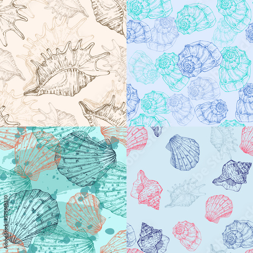 Set Seamless pattern background with abstract shell ornaments. Hand drawn nature illustration of ocean.