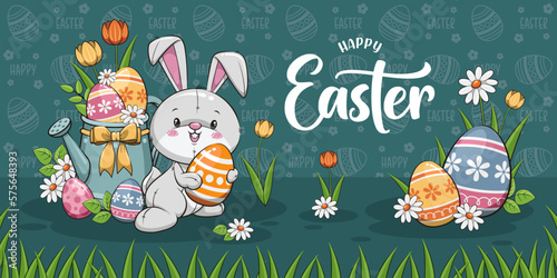 Easter Poster And Banner With Cute Bunny Rabbit, Eggs, Tulips, And Watering Can Pot. Cute Cartoon Illustration