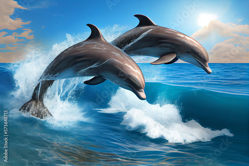 Two dolphins swim in the sea in the sun. AI generated