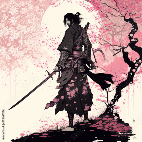 Samurai in armor, with katana. Sakura tree on the background. AI generated image